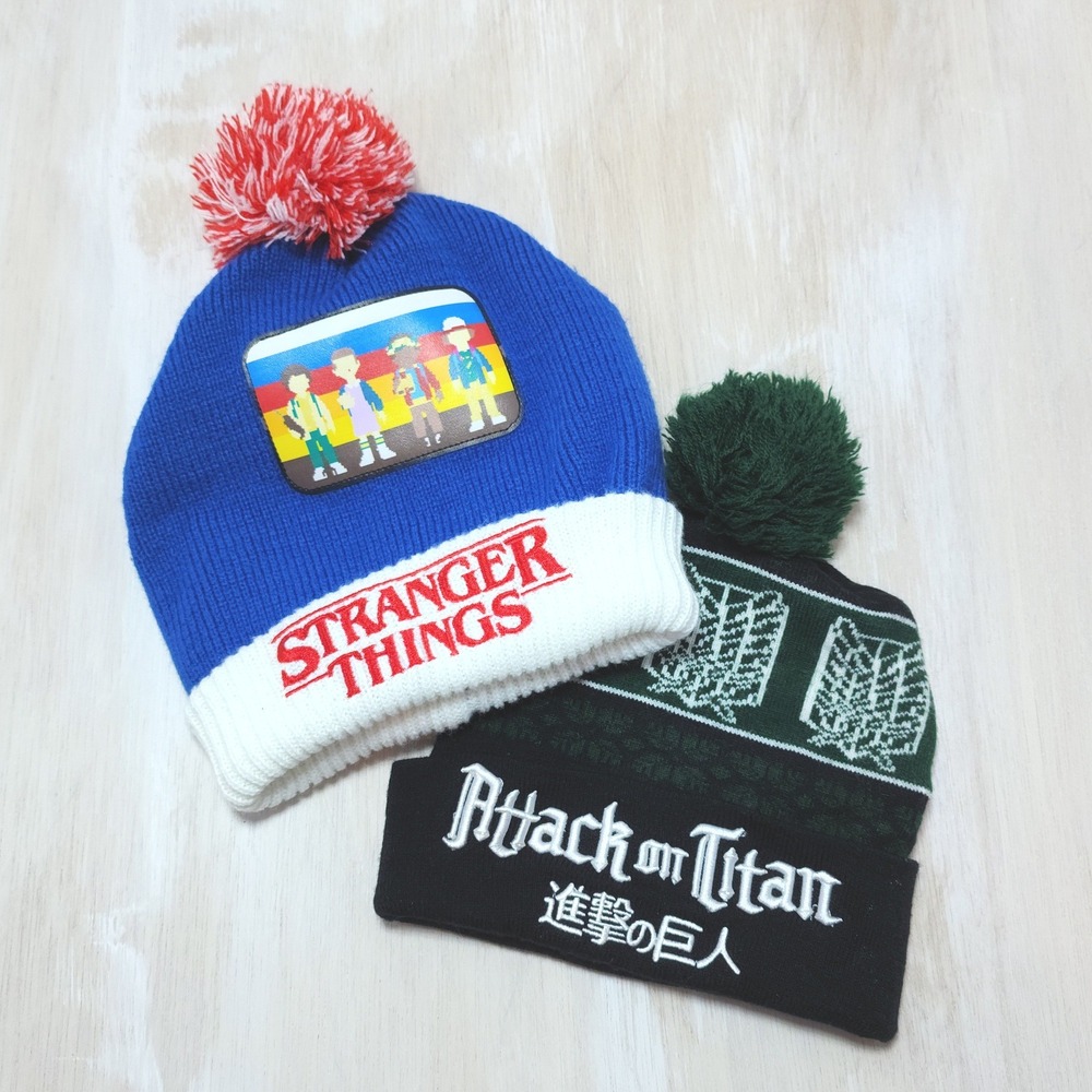 Stranger Things & Attack on Titan Beanie Bundle Blue Green Pom Hats 2pcs